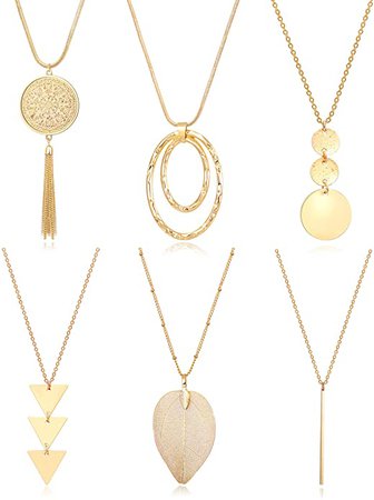 Amazon.com: Fesciory 6 PCS Long Pendant Necklace for Women, Gold Bar Circle Leaf Triangle Tassel Y Necklace Set for Girls(Set 2): Jewelry