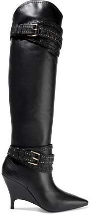 Embellished Perforated Leather Knee Boots