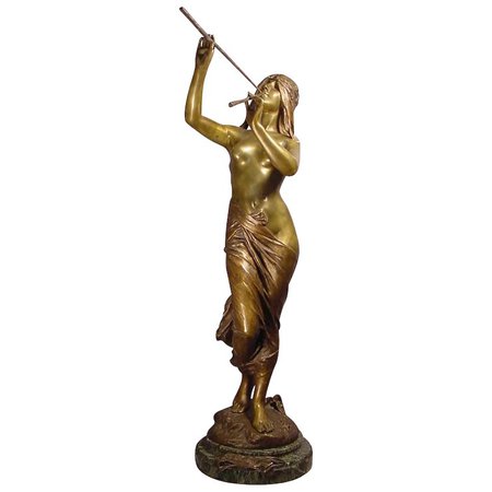 Antique Bronze Nude Nymph Blowing Pipes E. Drouot : Beverly Hills Antiques | Ruby Lane