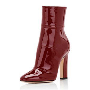 Red Chunky Heel Boots 4 Inches Mirror Leather Round Toe Ankle Boots for Big day, Going out | FSJ