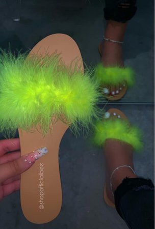 Neon fur open toe slides