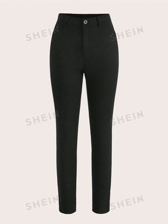 SHEIN BIZwear Solid Color Black Stretchy Slim-Fit Women's Trousers With Diagonal Pockets, Suitable For Work | SHEIN