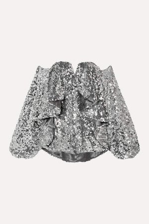 Off-the-shoulder Ruffled Sequined Tulle Top - Silver
