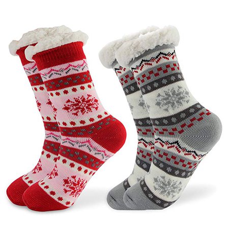 Women Winter Thermal Sherpa-Lined Socks Thick Cozy Fuzzy Slipper Socks (Red and Grey) at Amazon Women’s Clothing store