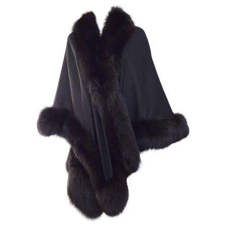 1980s Black Wool Shawl With Fox Trim For Sale at 1stdibs