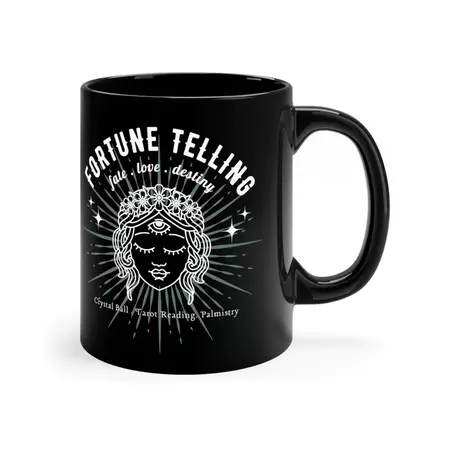 Fortune Telling 11oz Black Mug, Mystical Coffee Mug, Psychic Graphic D