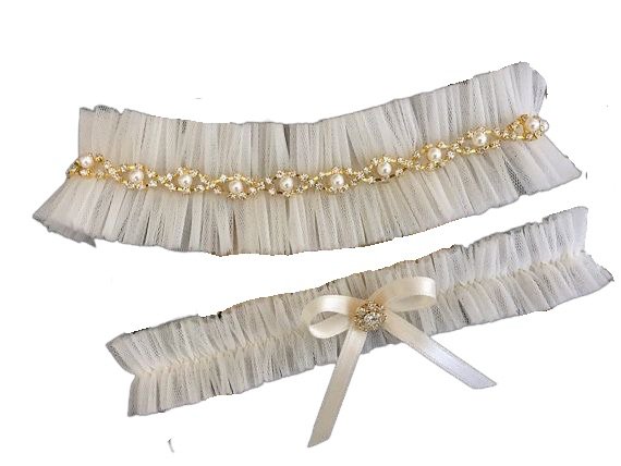 ivory gold pearl tule garter set