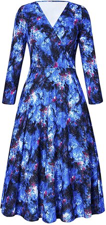 Amazon.com: RAISEVERN Women's Galaxy Dress Blue V Neck Short Sleeve Dresses Milky Way Print Midi Sundress Funny Vintage Starry Sky Flared Swing 3/4 Sleeve Dresses for Girls with Pocket: Clothing