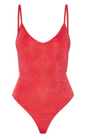 Red Textured Glitter Strappy Bodysuit - New In | PrettyLittleThing