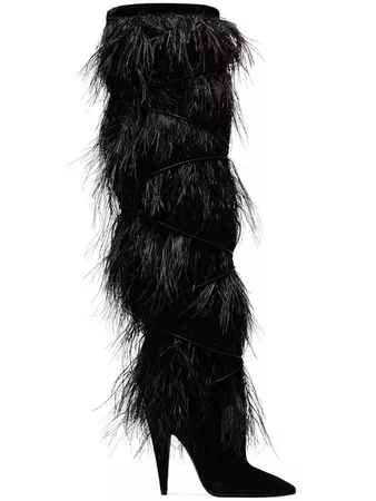 Saint Laurent black Yeti 110 ostrich feather over-the-knee boots £6,855 - Shop Online SS19. Same Day Delivery in London