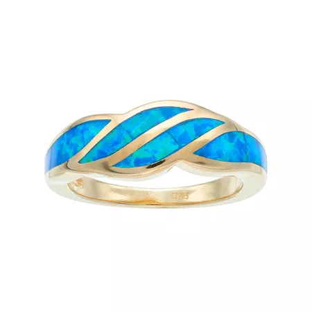 14k Gold Over Silver Lab-Created Blue Opal Wave Ring