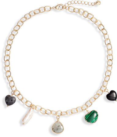 Heart Mixed Stone & Pearl Charm Collar Necklace