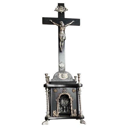 Antique Altar Crucifix Detailed Silvered Bronze Sculpture of Christ and Monstrance For Sale at 1stDibs