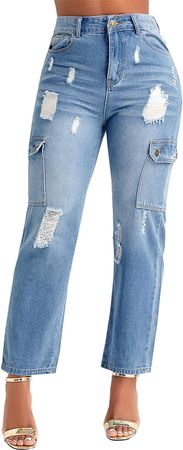 Amazon.com: SheKiss Women's Ripped High Waisted Straight Leg Boyfriend Trendy Jeans Loose Fit Distressed Zipper Fly Hole Denim Pants : Clothing, Shoes & Jewelry