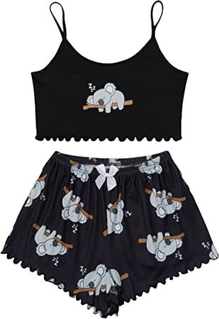 SOLY HUX Women's Cartoon Print Lettuce Trim Cami Top and Shorts Cute Pajama Set Sleepwear at Amazon Women’s Clothing store