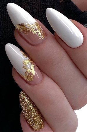 Glossy White Nails w/ Gold Glitter