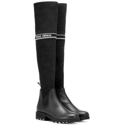 Miu Miu Knit And Leather Boots in Black