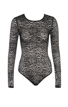 Clothing : Bodysuits : 'Carmine' Black Sheer Lace Long Sleeve Bodysuit
