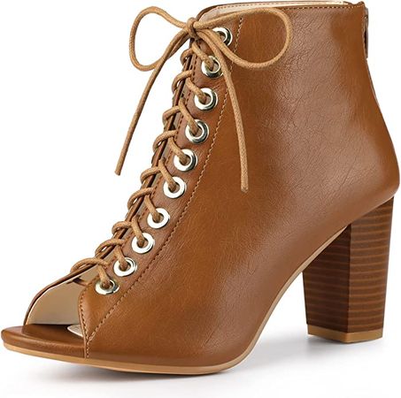 Peep Toe Lace Up Chunky Heel Ankle Boots