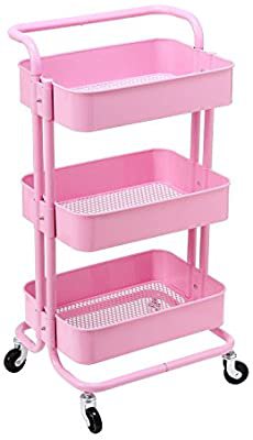 Amazon.com : HollyHOME 3 Tier Rolling Cart Metal Utility Cart with Handles, Art Cart Bathroom Storage Cart Kitchen Organization, Anti-Rust Service Rack Rolling Shelf, Pink : Office Products