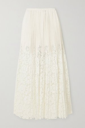 Ivory Plissé-leather and lace maxi skirt | Valentino | NET-A-PORTER