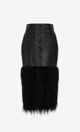 Saint Laurent ‎Long Buttoned Skirt In Shiny Grained Lambskin And Faux Fur ‎ | YSL.com