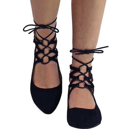 Black Suede Lace-Up Style Closed Toe Ballet Flats | Lace up ballet flats, Black pointy toe flats, Black pointed toe flats