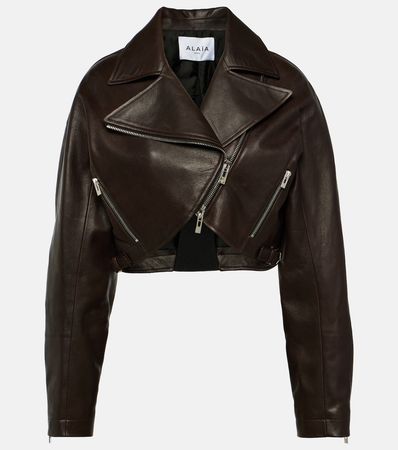 Cropped Leather Biker Jacket in Brown - Alaia | Mytheresa