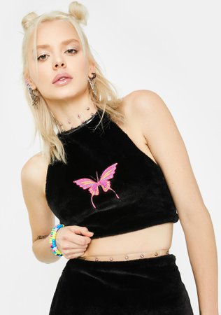Club Exx Faux Fur Embroidered Butterfly Halter Crop Top Clear Choker Soft Black | Dolls Kill