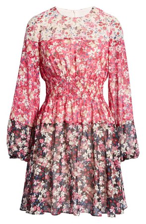 Eliza J Colorblock Floral Smocked Waist Long Sleeve Dress | Nordstrom