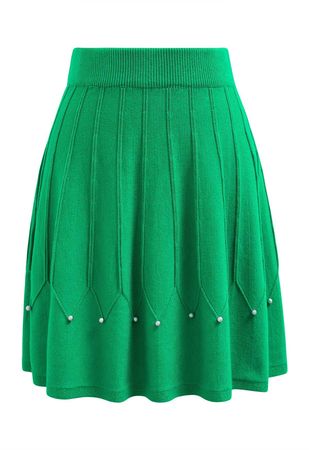 Silver Bead Embellished Seam Knit Skirt in Green - Retro, Indie and Unique Fashion