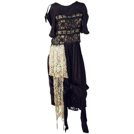 Edwardian Black Silk Evening Gown with Silver Lamé Lace and Beading For Sale at 1stDibs