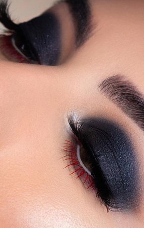 dark shadow with red lashes eye look