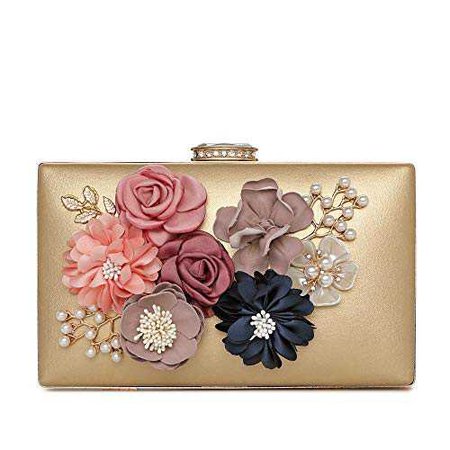Women's Satin Flower Evening Clutch Bags Pearl Beaded Evening Handbag For Prom Bride Wedding Gold: Handbags: Amazon.com