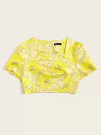 Floral Jacquard Crop Top | SHEIN USA yellow