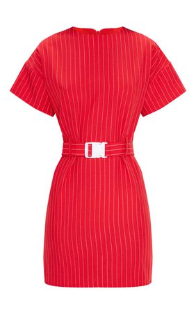 Red Pin Stripe Belt T Shirt Dress | Dresses | PrettyLittleThing