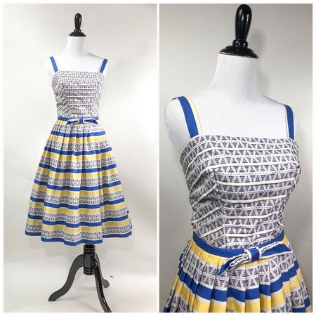Best Vintage 1950s Geometric Striped Full Skirt Sun Day Dress | Etsy