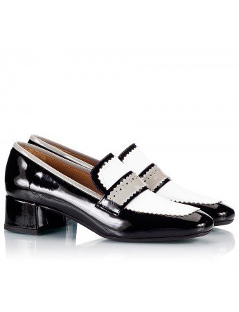 Parlanti Black & white patent leather wingtip low-heel loafer pumps | Fratelli Karida Shoes
