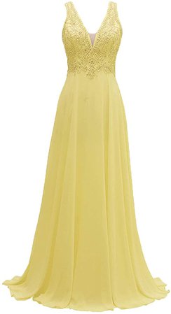 Amazon.com: V-Neck Lace Prom Dresses Long A-line Chiffon Beaded Bridesmaid Formal Gowns for Women Yellow Size 8: Clothing