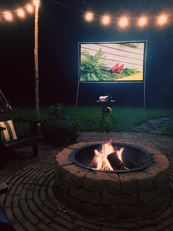 Backyard Fire Pit and movie projector