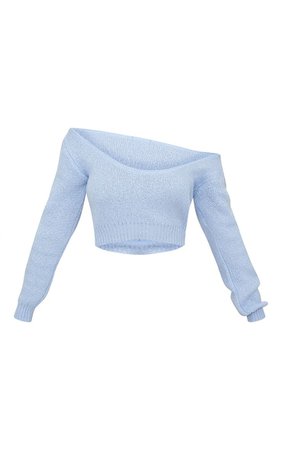 Blue V Neck Off Shoulder Knitted Cropped Jumper | PrettyLittleThing AUS