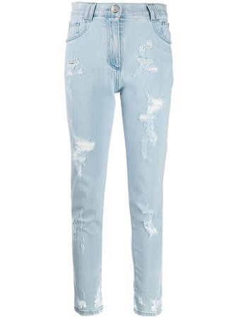 Blue Balmain Distressed Slim-Fit Jeans | Farfetch.com