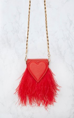 RED FEATHER TRIM HEART BAG