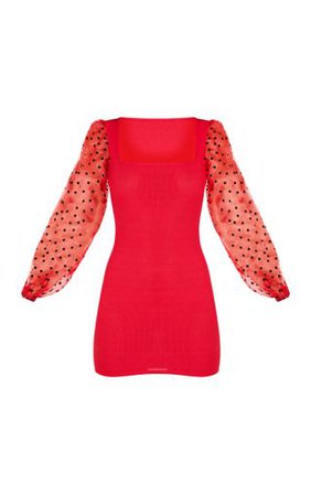 Red Polka Dot Organza Long Sleeve Rib Dress | PrettyLittleThing