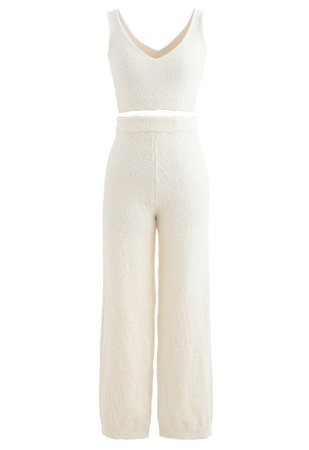 Fluffy Knit Crop Tank Top and Pants Set in Ivory - Retro, Indie and Unique Fashion