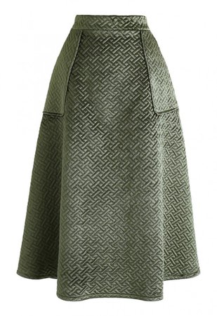 Pockets Quilted Velvet A-Line Midi Skirt in Army Green - Skirt - BOTTOMS - Retro, Indie and Unique Fashion