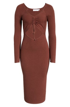 All in Favor Gathered Front Cutout Long Sleeve Rib Midi Dress | Nordstrom