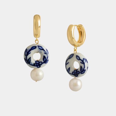 blue and white printed porcelain loop earrings