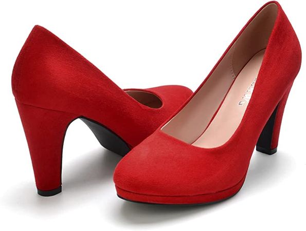 Amazon.com | WuORWu Women's Round Toe Low Platform High Heel Pumps（Red Suede, 9） | Pumps