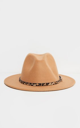 Camel Leopard Trim Fedora Hat | Accessories | PrettyLittleThing USA